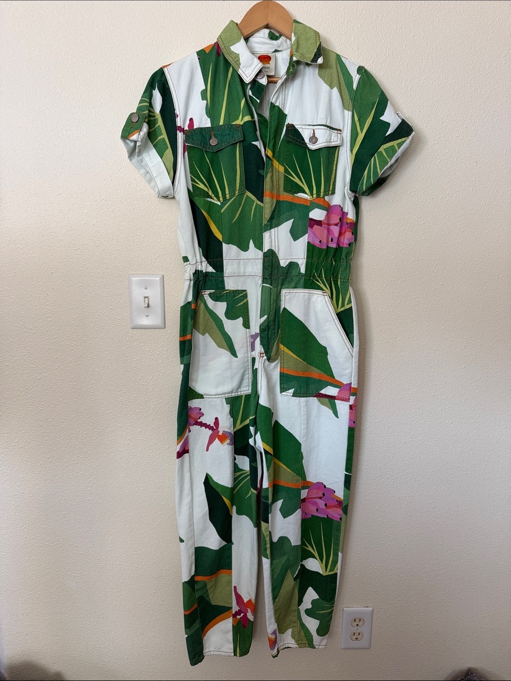 Tropical Leaf Print Utility Jumpsuit - Green & White with Pink Accents